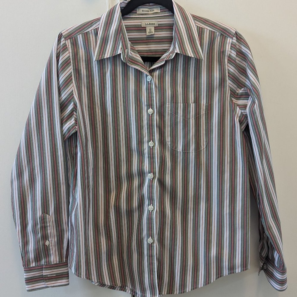 L.L. Bean Oxford Shirt Wrinkle Free Green and Red Stripe Petite XS